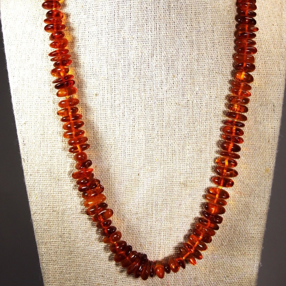 Fine Genuine Amber Strand Of Beads 20" Long Gold Filled Clasp